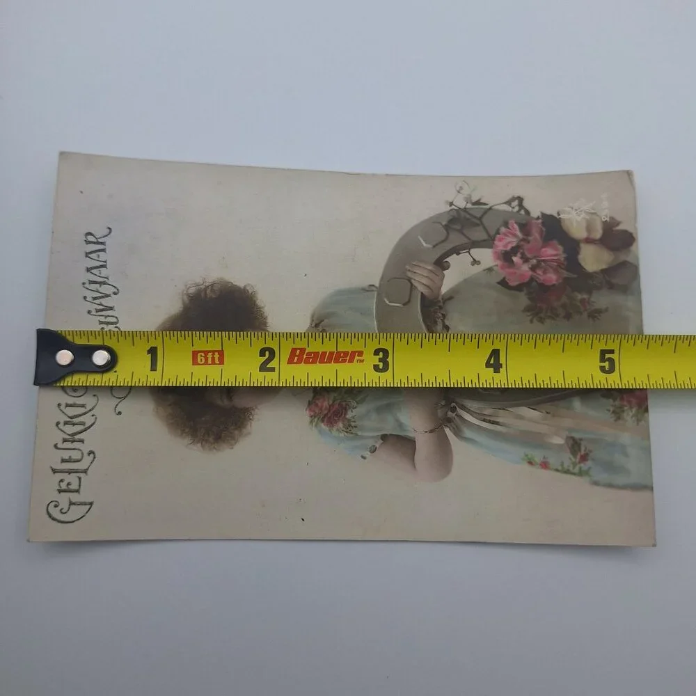 Antique Gelukkig Nieuwjaar Postcard Hand Colored‎ New Year Horseshoe Girl Dutch